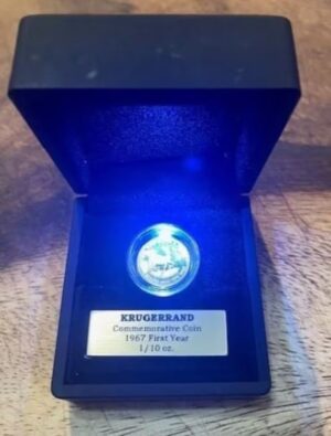 Rare 1967 Krugerrand Commemorative Coin - In display case with LED Light and engraved plaque